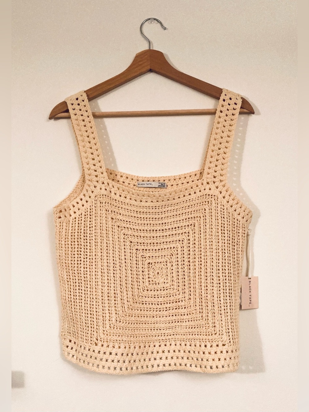 NWTS Black Tape Crochet Square Tank Top in Cream Boho Size Large Cotton & Nylon